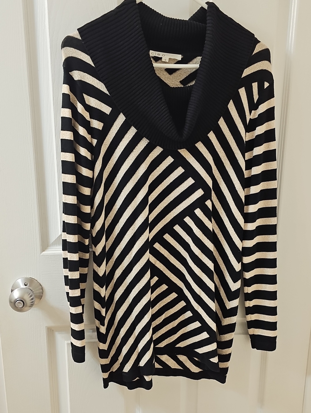 cleo Black & Cream Geometric Cowl Neck Sweater